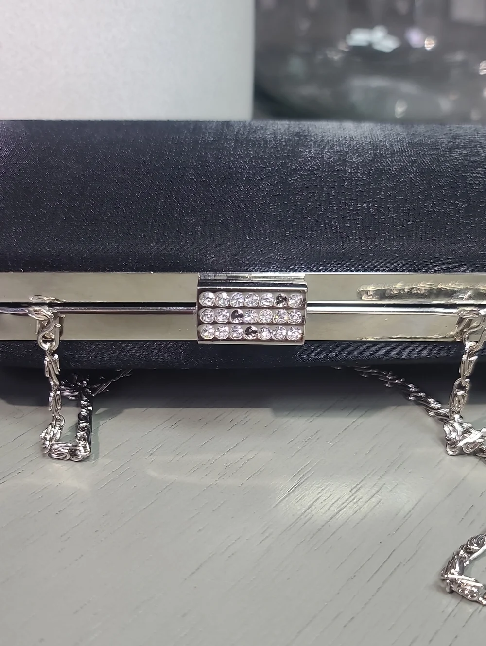 Black Evening Clutch with Silver Chain
